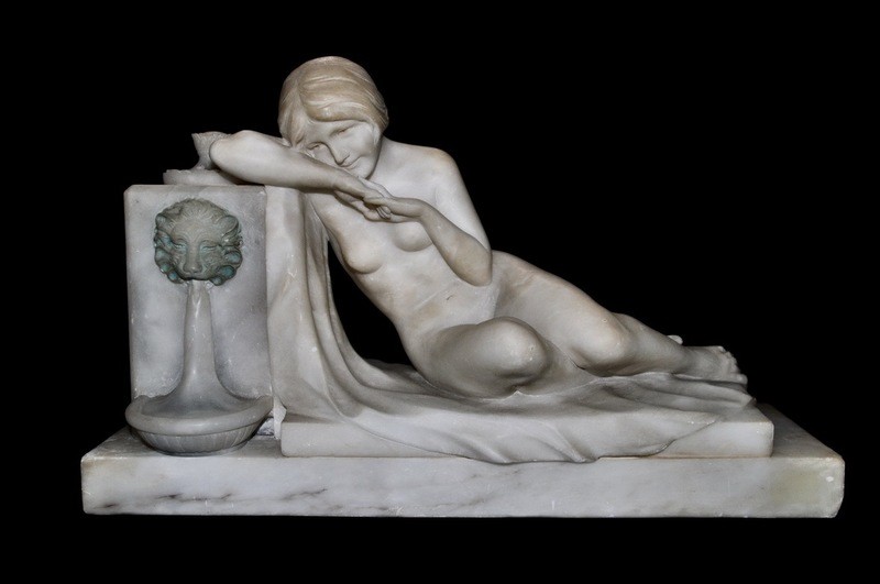 Art Deco Marble Naked Woman and Lion Fountain Nude Lamp