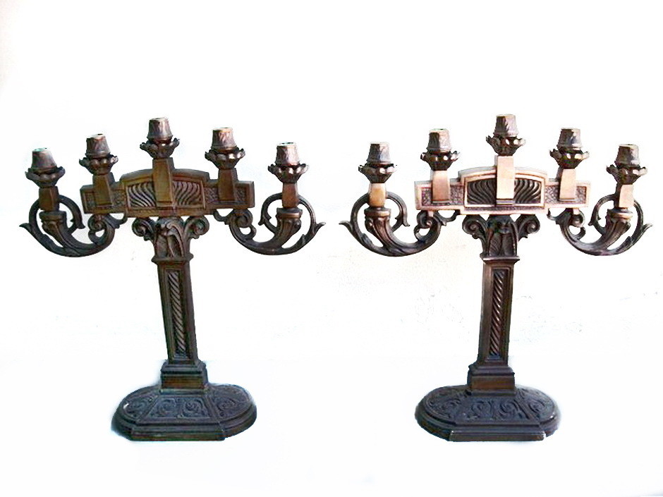 2 Art Deco Solid Bronze Detailed Candelabra Candle Holders