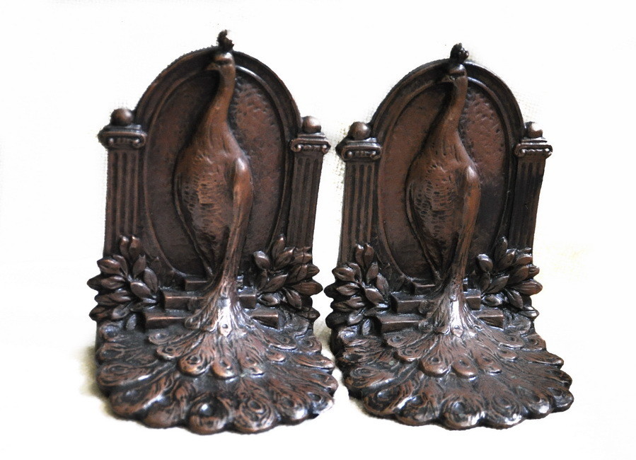 Art Nouveau Signed Weidlich Brothers Bronzed Pair (2) Peacock Bookends