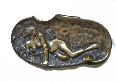 French J. Garnier Bronze Nude Maiden Vide Pouche Vanity Dresser Tray