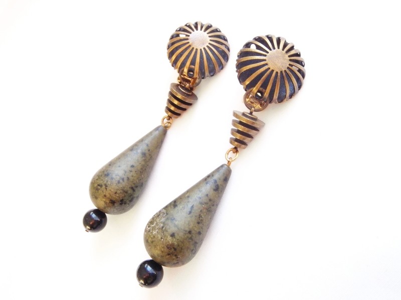 Vintage 1970&#39;s Jasper Gemstone Copper Dangle Earrings