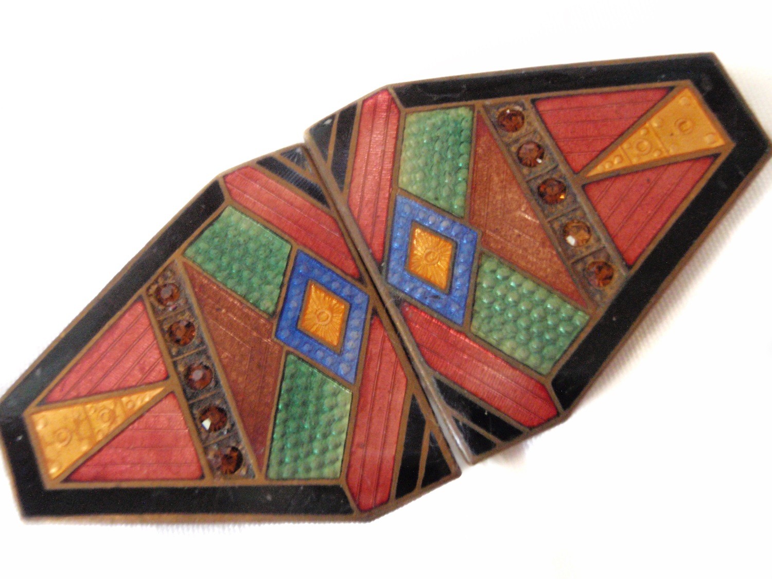 Art Deco Multi-Coloured Guilloche Enamel Amber Rhinestone Buckle