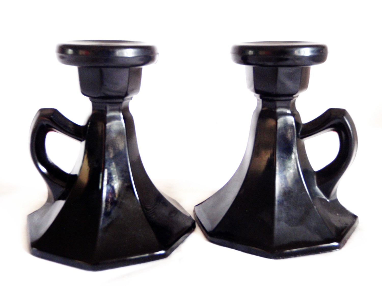 2 Art Deco 1920s Black Glass Candle Holders Glass