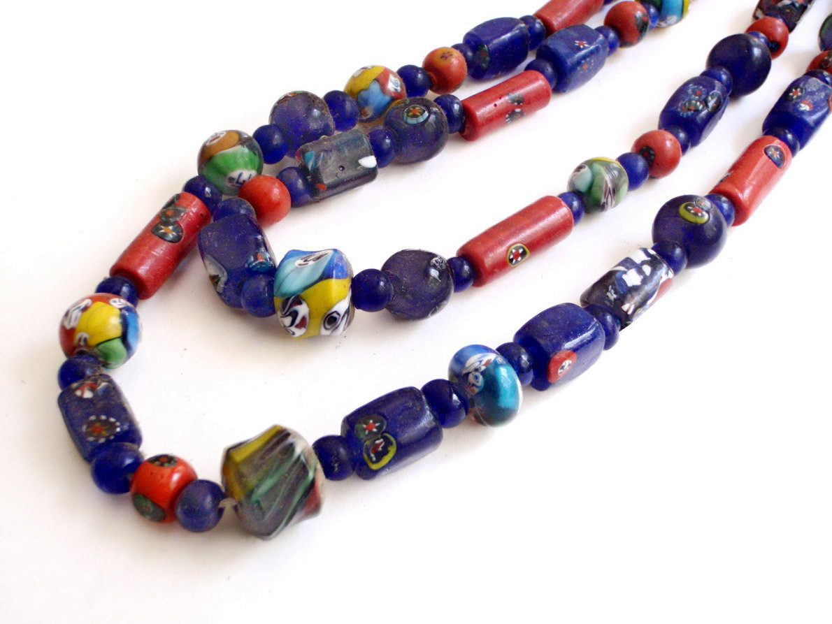 Vintage African Trade Beads Ethnic Double Link 54 Inch Necklace