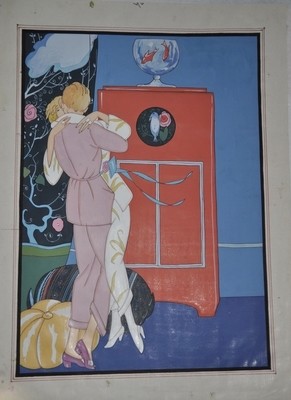 Art Deco Georges Barbier Lesbian Boudoir Watercolor Painting
