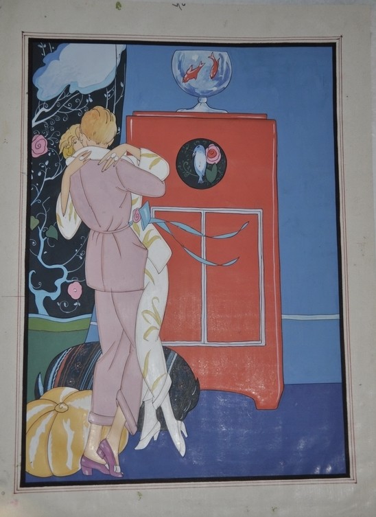 Art Deco Georges Barbier Lesbian Boudoir Watercolor Painting