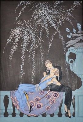 Art Deco Georges Barbier Romantic Couple Fireworks Watercolor