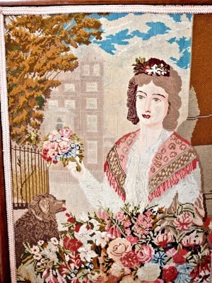 1860's British Tapestry Firescreen Petite Needlepoint of Lady, Spaniel and Lush Garden