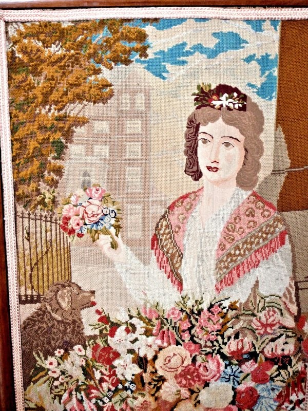 1860&#39;s British Tapestry Firescreen Petite Needlepoint of Lady, Spaniel and Lush Garden