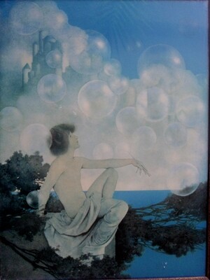 1920s Maxfield Parrish Air Castles in Original Art Deco Frame Fantasy Art