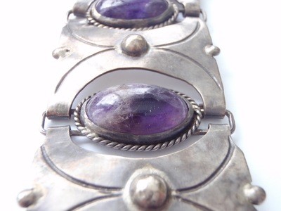 RARE Taxco Hinged 980 Silver and Amethyst Bracelet