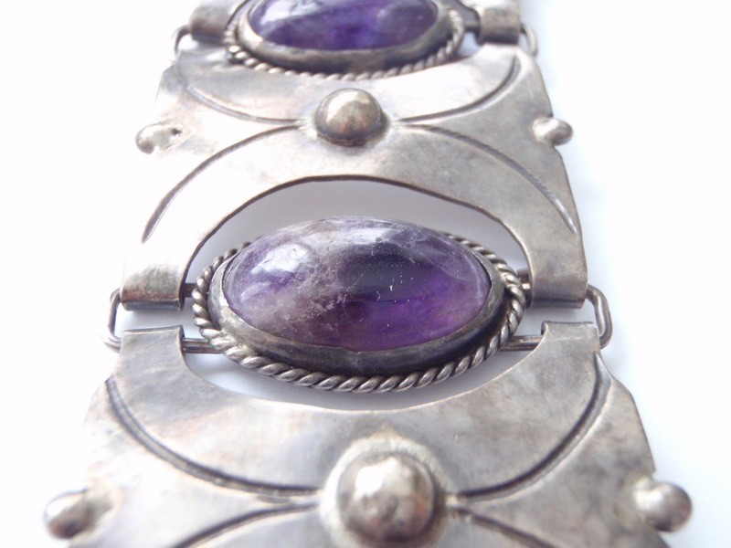 RARE Taxco Hinged 980 Silver and Amethyst Bracelet
