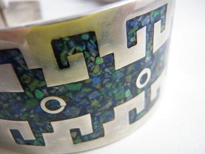 Taxco Silver and Inlaid Aztec Sodalite Cuff Bracelet 