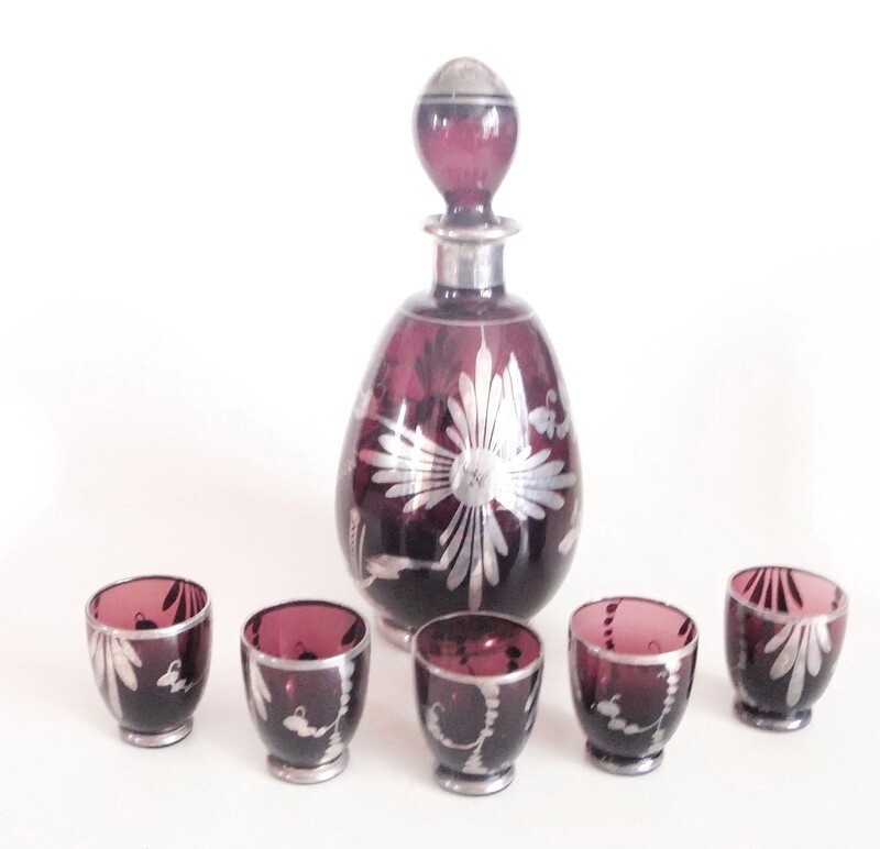 Vintage Amethyst Glass Silver Overlay Decanter w Glasses