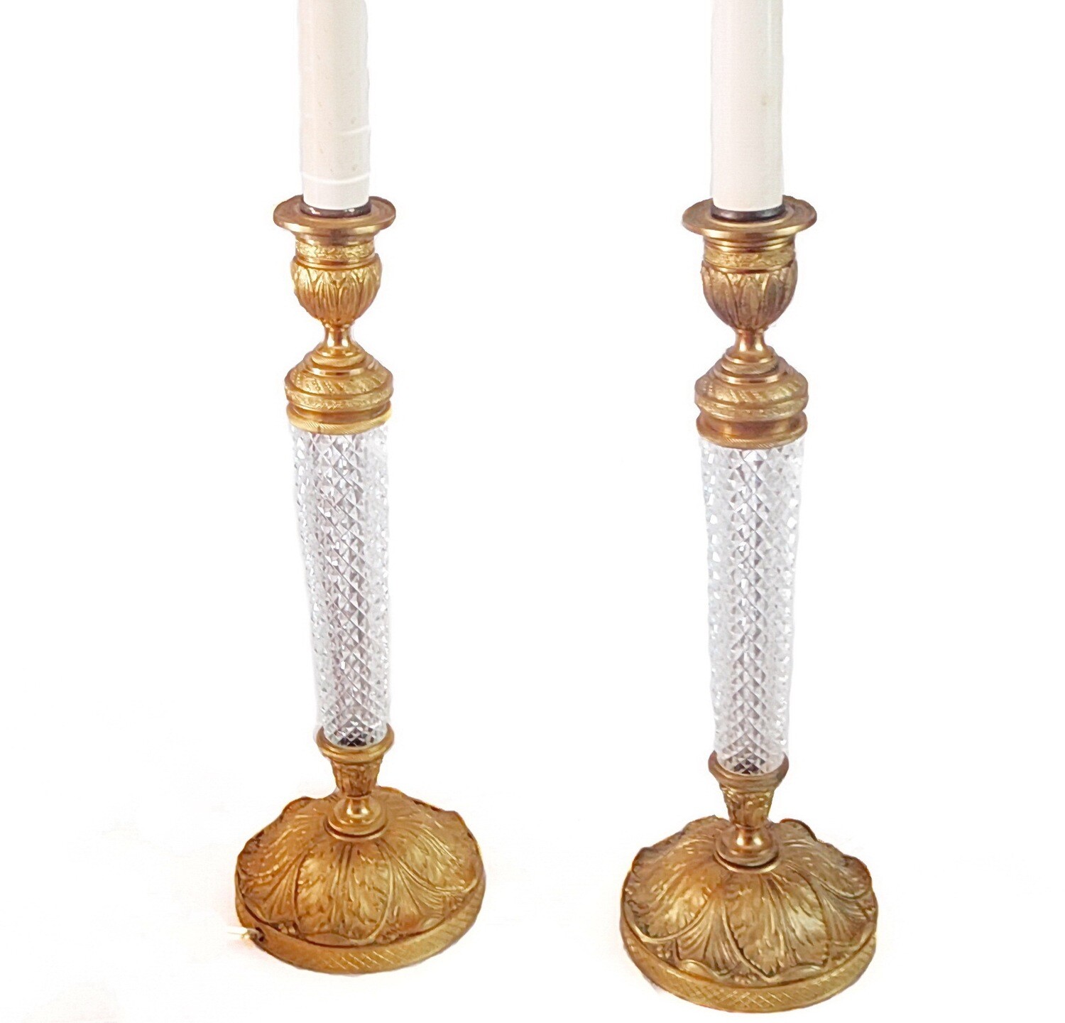 2 French Gilt dORE Bronze Crystal Candlestick Table Lamps