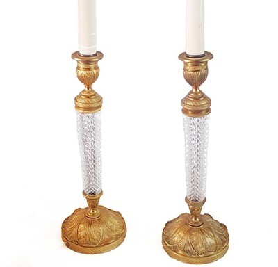 2 French Gilt dORE Bronze Crystal Candlestick Table Lamps