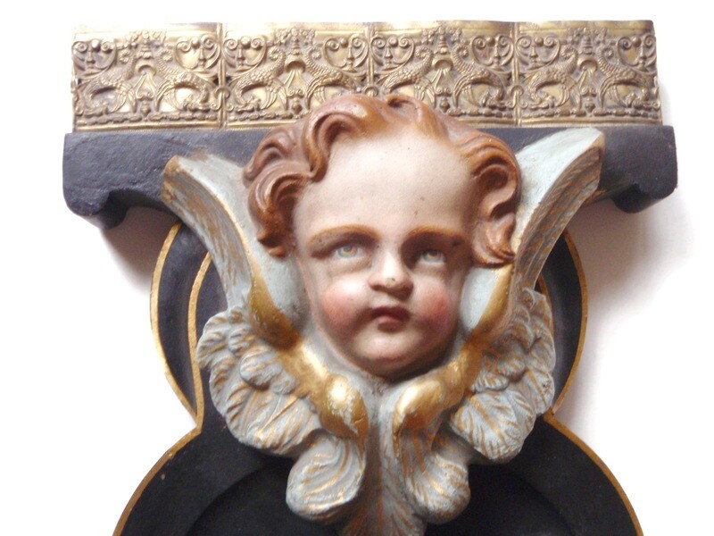 Antique Santos Angel / Cherub / Putti Hand Painted Bust
