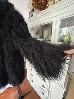 80s Black Mongolian Unisex Shaggy Lamb Fur Coat