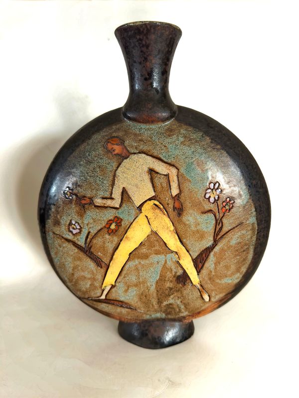 Mid Century One of a Kind Treimane Val David Decorative Vase Featuring a Woman on One Side and Man on the Other