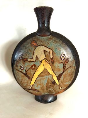 Mid Century One of a Kind Treimane Val David Decorative Vase Featuring a Woman on One Side and Man on the Other