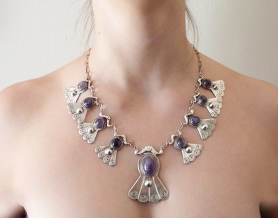 Pre 1948 Taxco Amethyst Repousse 19 In Dangle Necklace 100 Grams