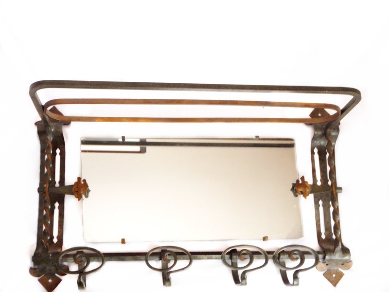 RARE Arts &amp; Crafts Wrought Iron Hall Mirror, Shelf and Coat Hanger