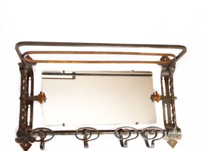 RARE Arts &amp; Crafts Wrought Iron Hall Mirror, Shelf and Coat Hanger