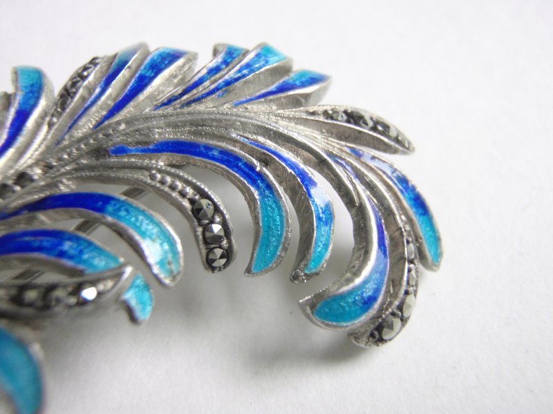 Sterling Silver Enamed and Marcasite Brooch 