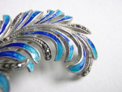 Sterling Silver Enamed and Marcasite Brooch 