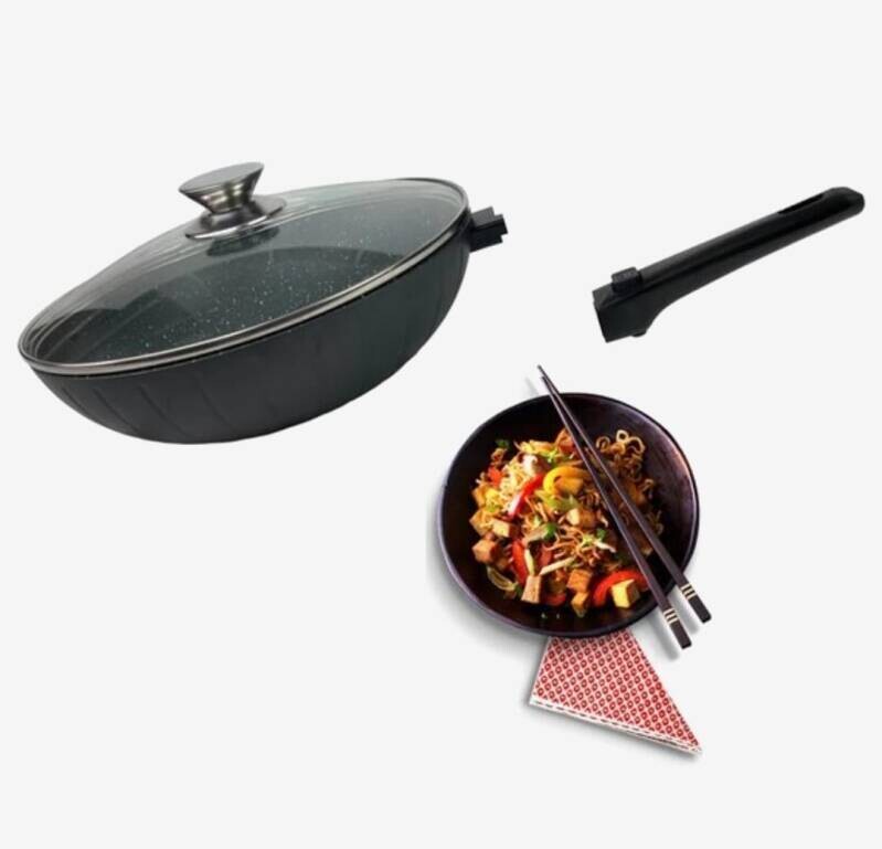 Wokpan - Cheffinger - met Deksel - afneembaar handvat - 32cm