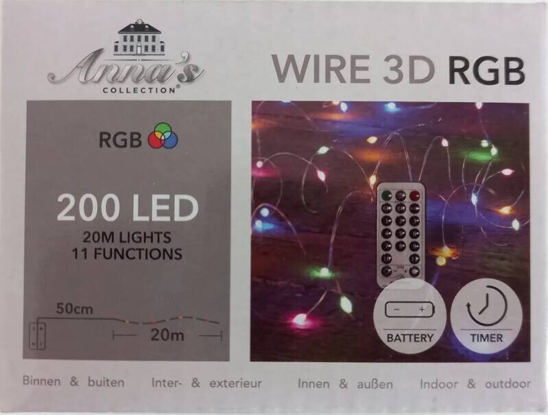 Kerstverlichting LEDVerlichting 3D RGB 200L/20m zilverdraad timer/dimmer/11 functies afstandbediening