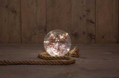 Kerstbal glazen bal 18cm met droogbloemen in sneeuw 15 LED