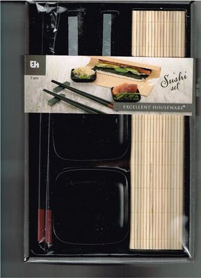 Sushi set 7 delig  - 1 placemat - 2 sets eetstokken - 2 bakjes - 2 blokjes voor de lepels - zwart