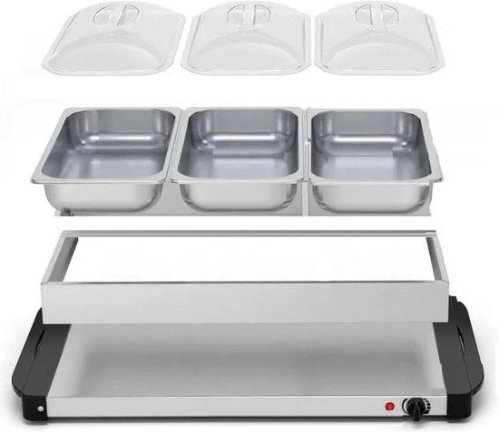 Buffetwarmer - Warmhoudplaat - Cheffinger Chafing Dish - Bain-marie - Voedselwarmer - 3x2.4L - Roestvrij Staal