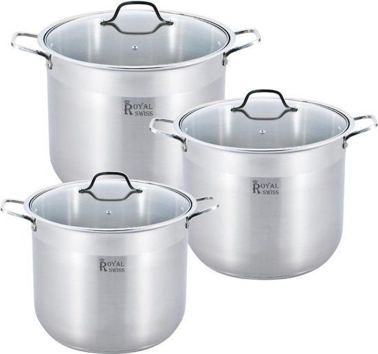 Royal Swiss - Roestvrijstalen grote pannen kookpotten - 3 stuks - 16L  30cm - 19L  32cm - 22,5L  34cm