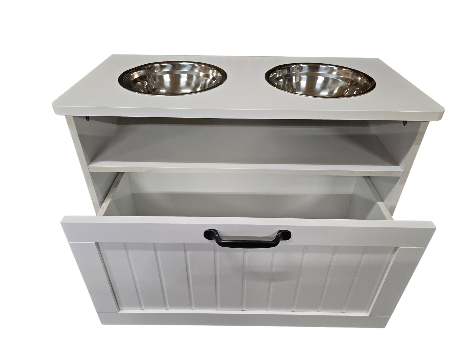 Voerbak - 2 voerbakken - met opbergruimte, wit - MDF hout  - 60x30x42
