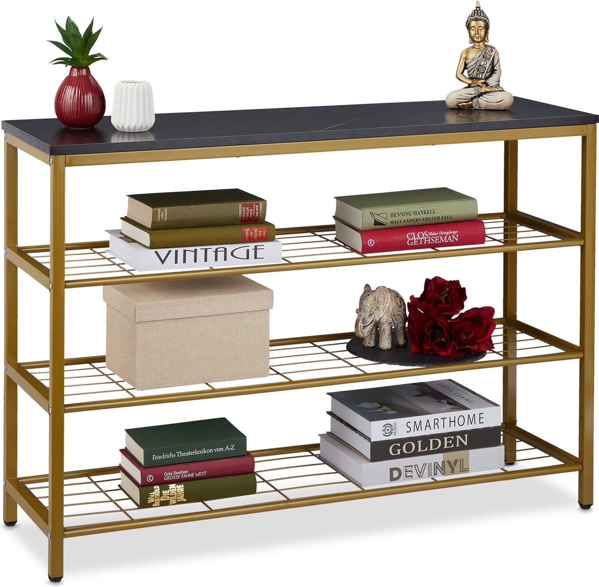 Sidetable wandtafel - marmer look - 70 x 101 x 30 cm - metaal - haltafel goud-zwart