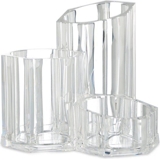 Make-up kwastenhouder - 3 houders - kunststof - 12 x 13,5 x 14 cm - transparant