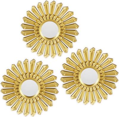 Sierspiegel zon - 3 stuks - ronde hangspiegels - wanddecoratie - kunststof frame - goudkleurig