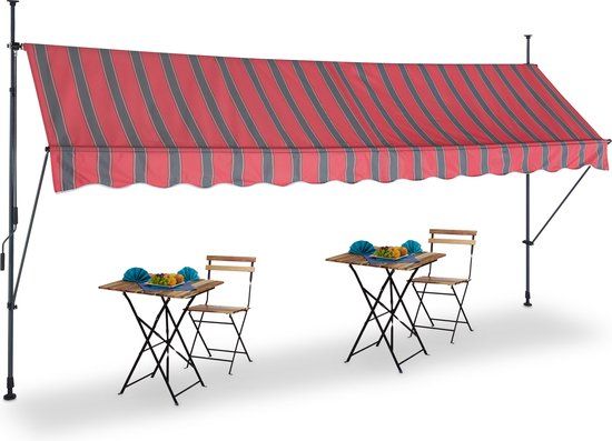 KOOPJE!   (Let op ongecontroleerde Retour)       klem-zonwering - 400 cm breed - verstelbaar - zonder boren - uv-bestendig - gestreept - zwart-rood