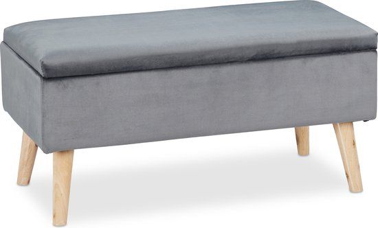 Zitbank met opbergruimte - 40 l - houten poten - met deksel - halbank - donkergrijs met  fluwelen bekleding( kleine beschadiging in stof aan de zijkant) zie foto 4