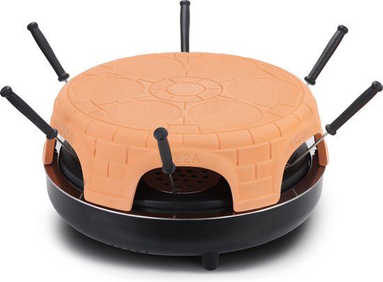 Pizzarette Swiss Pro - 6 persoons - Inc pizza snijder - Handgemaakte terracotta koepel - 6 Geïsoleerde bak spatels - RVS bakplaat - Cool touch
