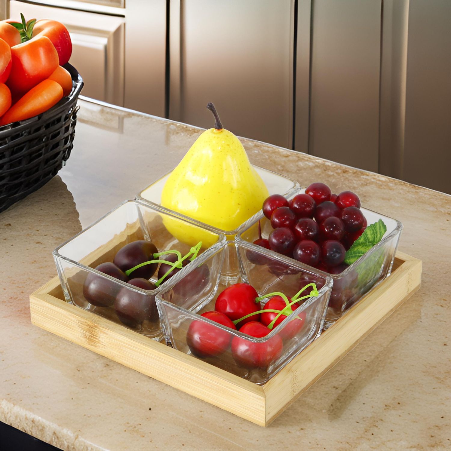 Snackschaal met 4 Bakjes - Cheffinger - Bamboe - Borrelpank - Tapasschaal - Serveerschaal