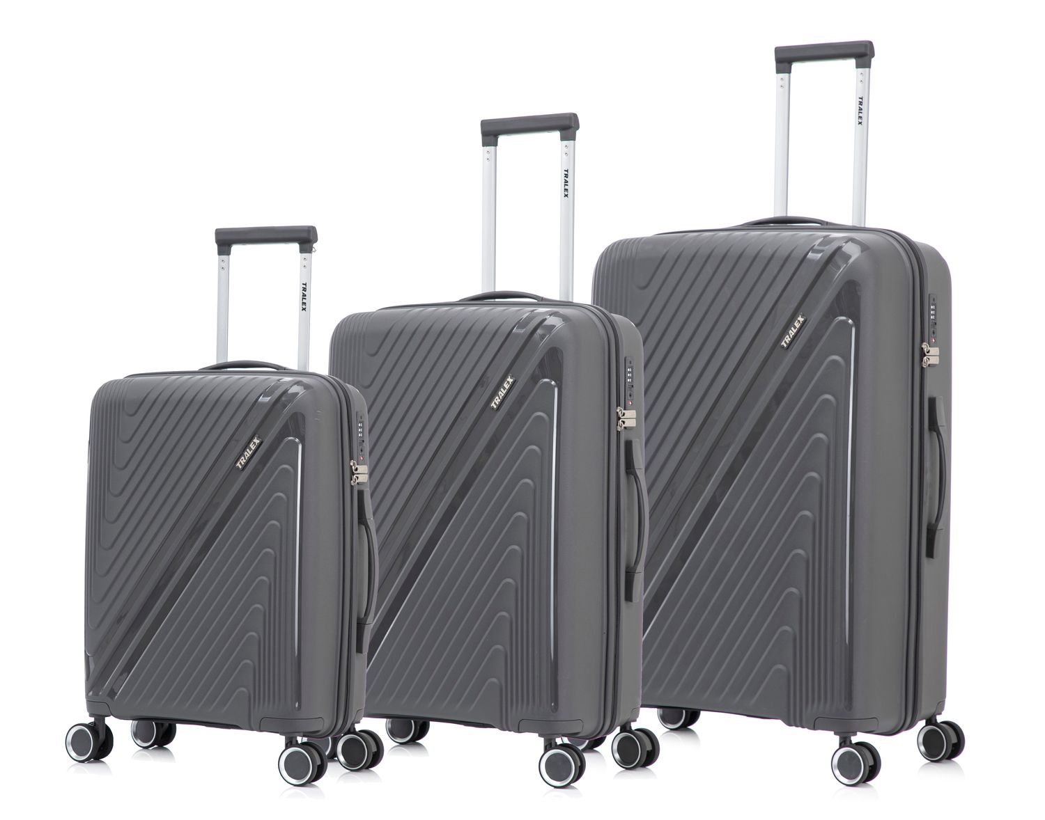 Tralex Horizon Kofferset - 3 Delig - Hardcase -Reiskoffer met Wielen – 42 liter Handbagage + 67 liter + 97 liter Ruimbagage – Lichtgewicht – Polypropyleen – TSA slot - Mat Grijs