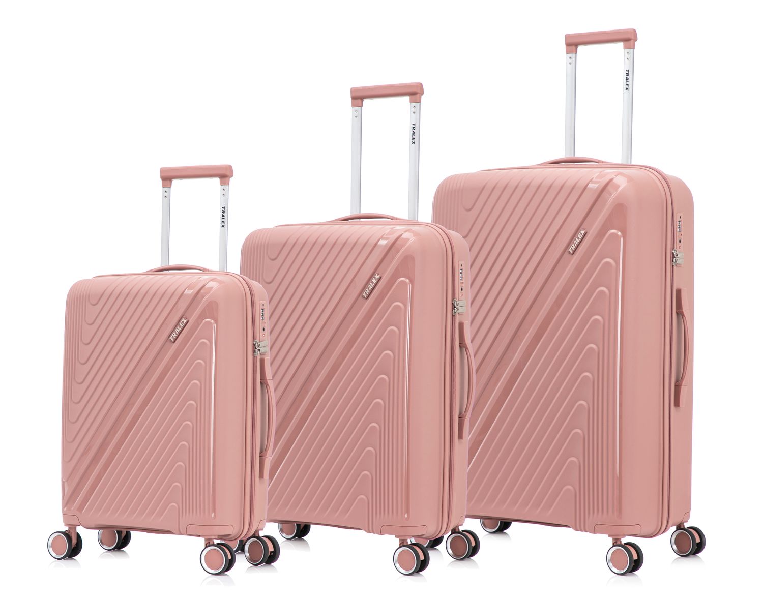 Tralex Horizon Kofferset - 3-Delig - Hardcase Reiskoffers met Wielen – 20” Handbagage + 24” + 28” Ruimbagage – Lichtgewicht – Polypropyleen – TSA Cijferslot - Oudroze