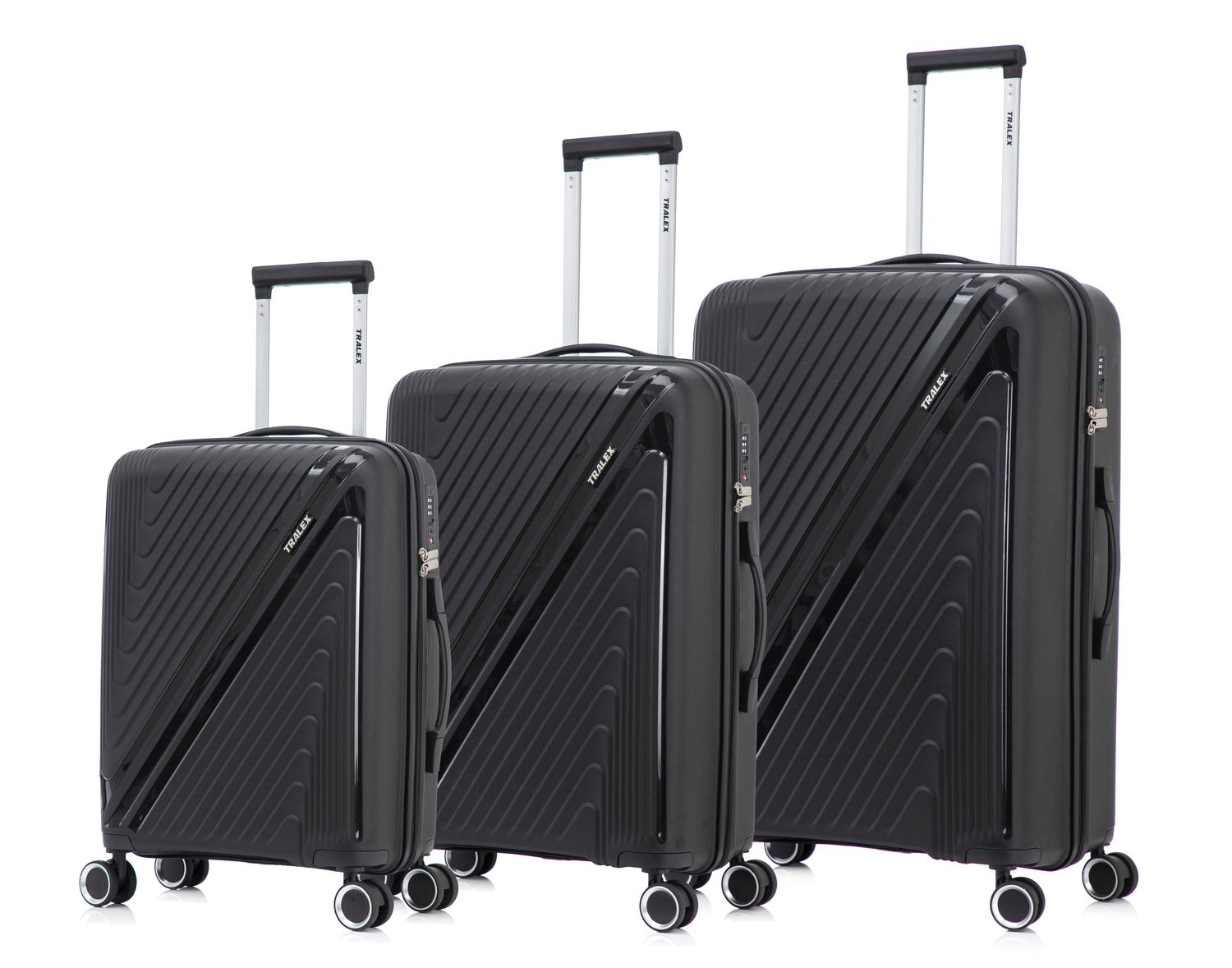 Tralex Horizon Kofferset - 3-Delig - Hardcase Reiskoffers met Wielen – 20” Handbagage + 24” + 28” Ruimbagage – Lichtgewicht – Polypropyleen – TSA Cijferslot - Zwart