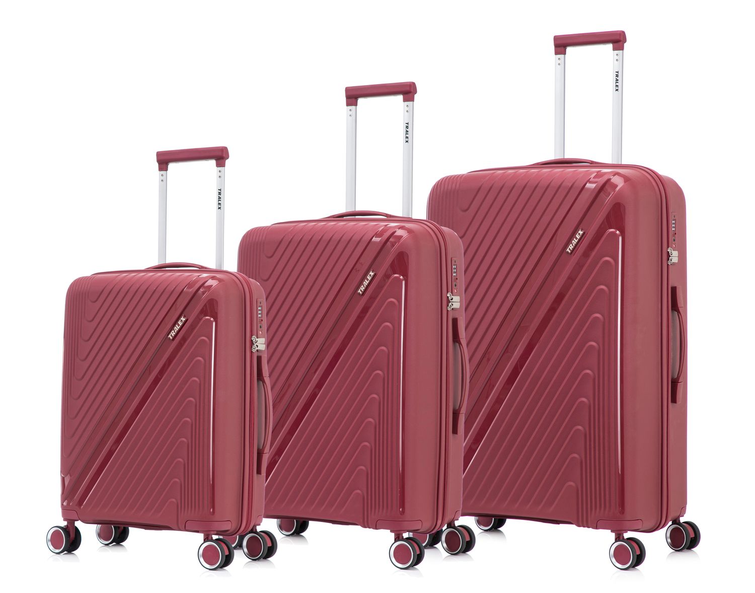 Tralex Horizon Kofferset - 3-Delig - Hardcase Reiskoffers met Wielen – 20” Handbagage + 24” + 28” Ruimbagage – Lichtgewicht – Polypropyleen – TSA Cijferslot - Wijnrood