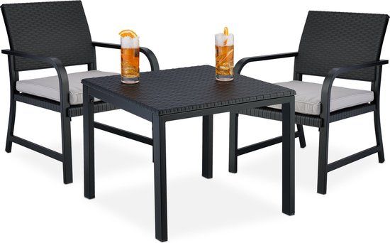 3-delige balkonset - kussens - kunststof &amp; staal - rotanlook - tuintafel met 2 stoelen