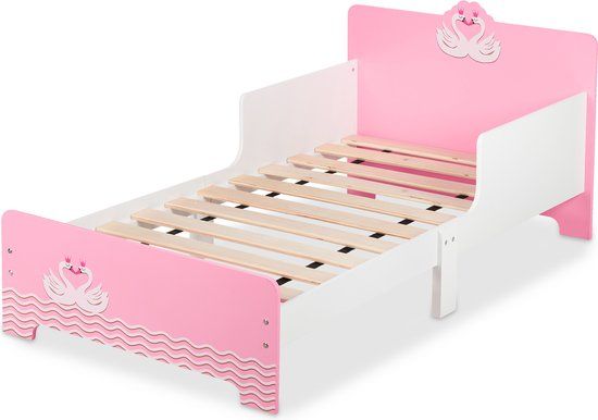 peuterbed met uitvalbeveiliging - 170x40 cm - lattenbodem - zwanen - wit-roze