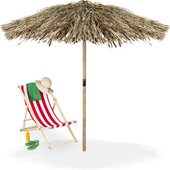 strandparasol Hawaï - dennenhout &amp; palmbladeren - weerbestendig - 250x238 cm - natuur